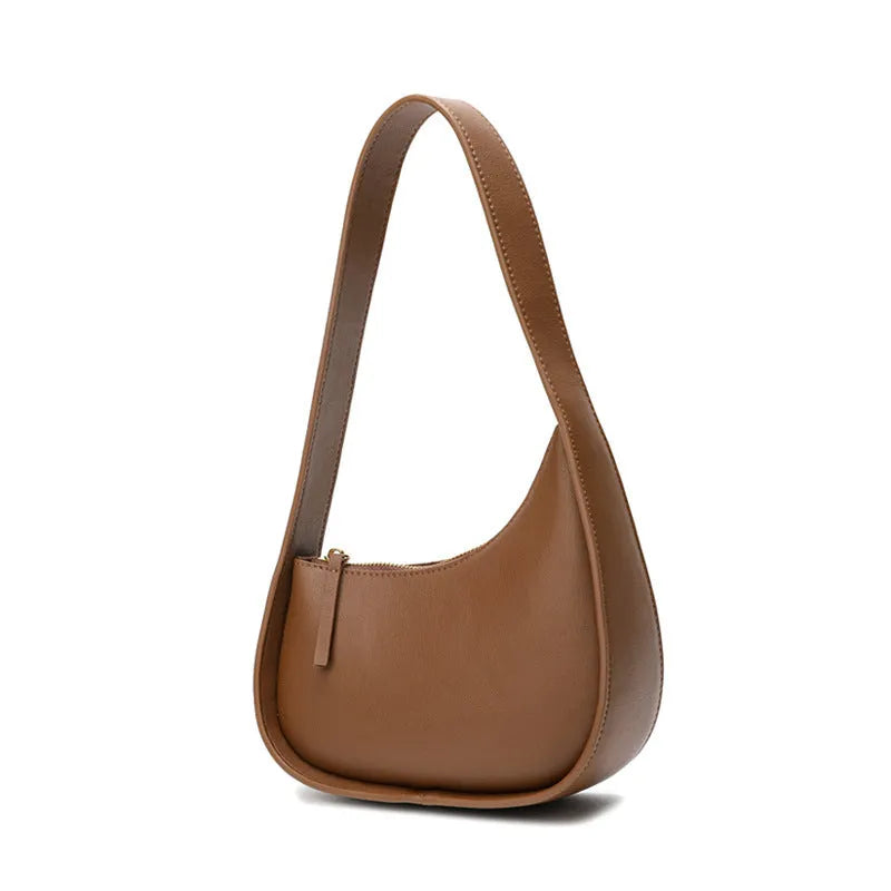 Genuine leather women's half-moon shoulder bag with wide strap in light brown colour