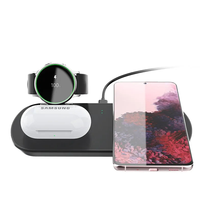 3 in 1 wireless charger in black with Galaxy Watch Active and earbuds placed on charging zones