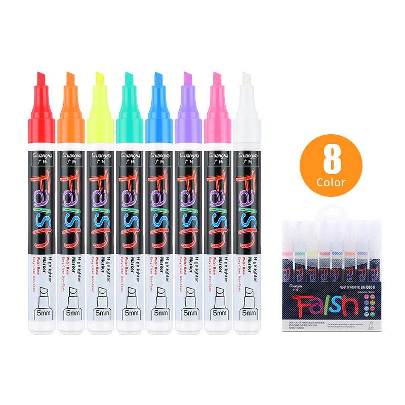 8-colour and 12-colour electronic fluorescent board highlighter pen with 6mm oblique tip on a card.
