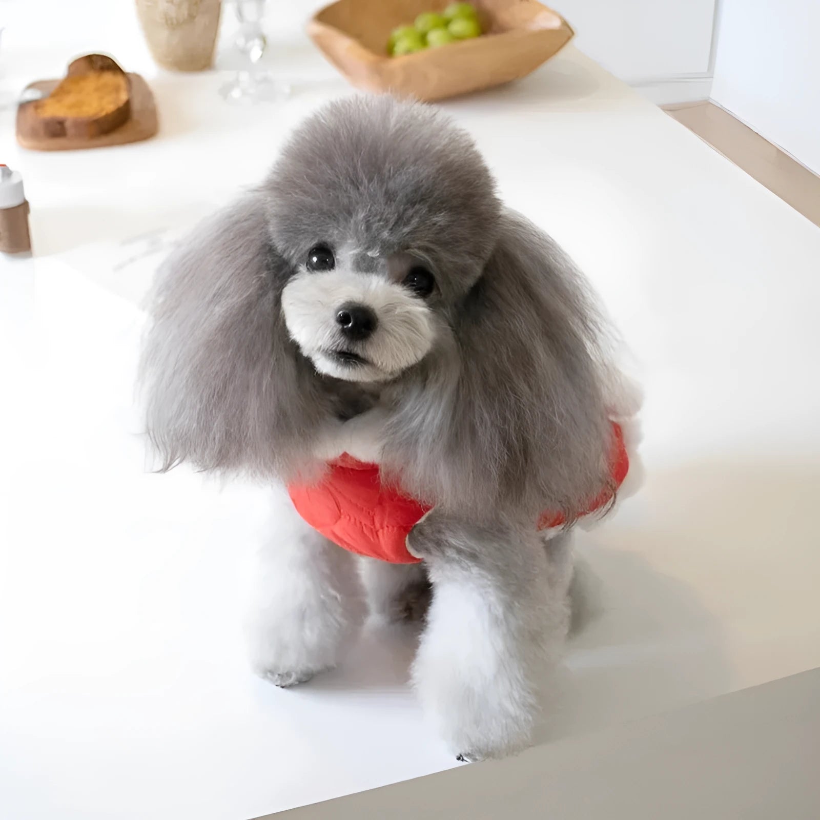 Red Chinese style pet clothing with a thick fur collar and traditional knot decoration on a dog or cat.