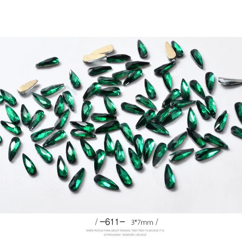 10 acrylic 3D nail art rhinestones in long water drop shape, 7x3mm, glitter finish, eleven colour options