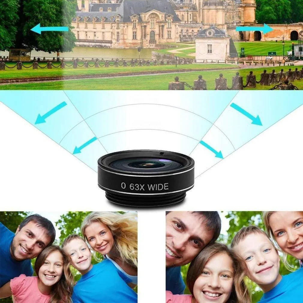 Black ten-piece smartphone camera lens set with fisheye lens and metal housing on a table.
