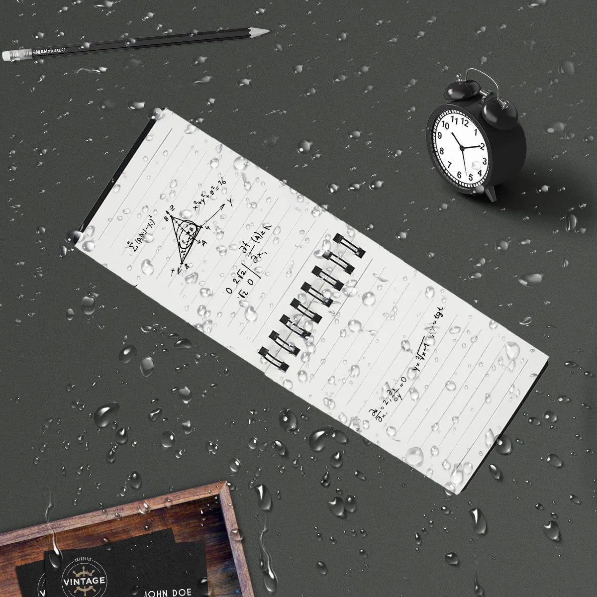 A6 spiral notebook with PP cover, pen, and rag on a surface