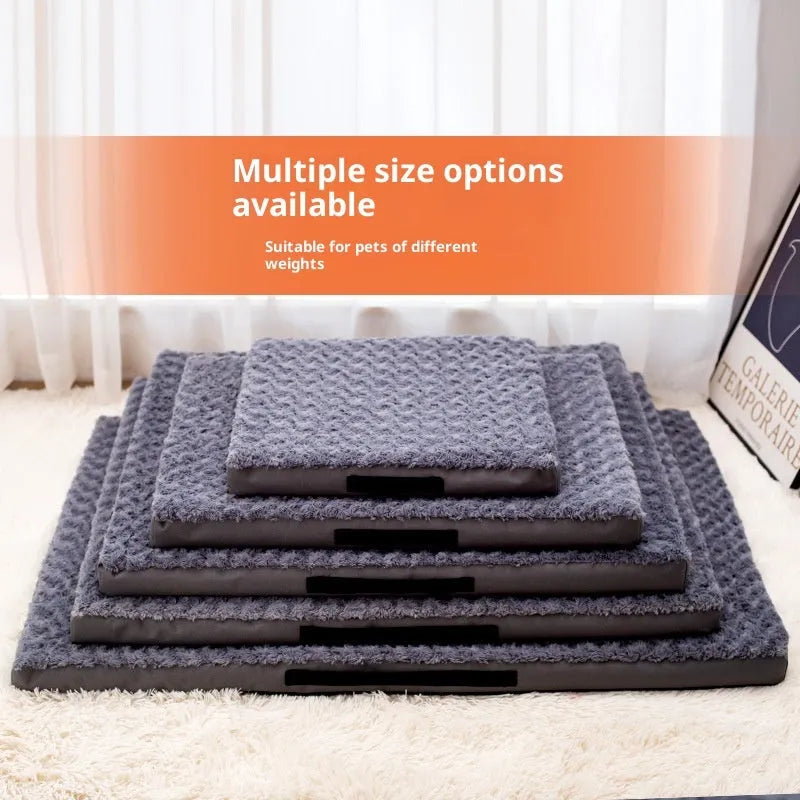 Dark gray embossed velvet pet mat on floor, with size and weight information