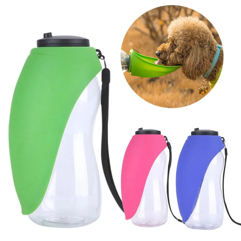 Portable pet water bottle with drinking bowl in blue green orange red colours showing 680ml capacity and key lock