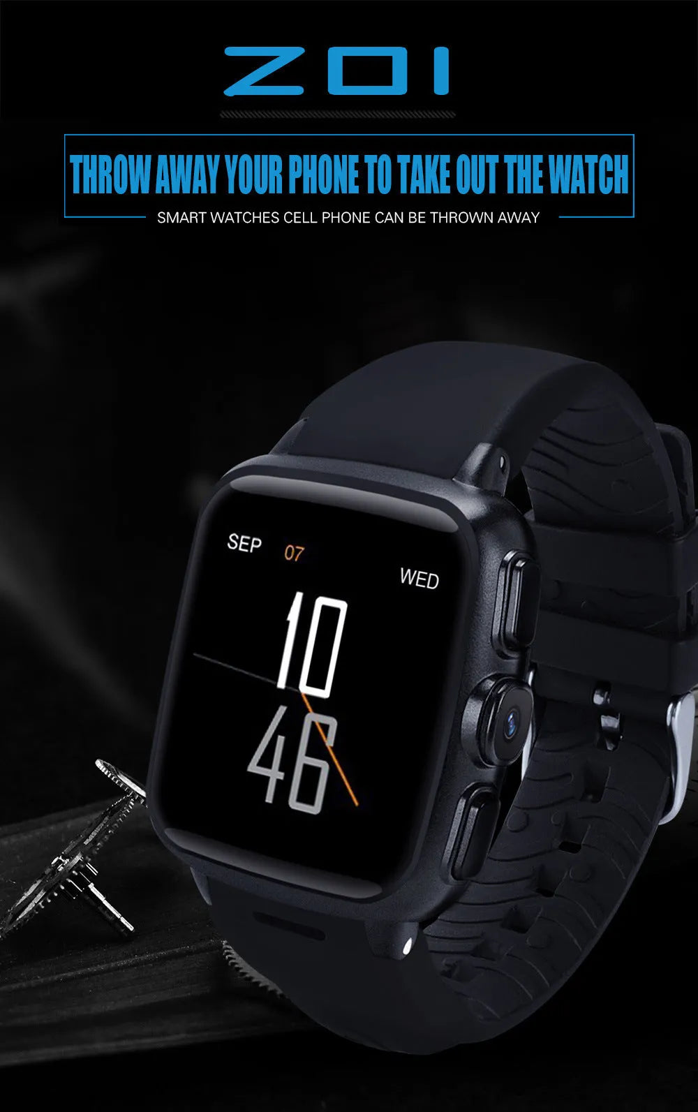 Black or white Z01 smart watch with a 1.54 inch screen showing its interface.