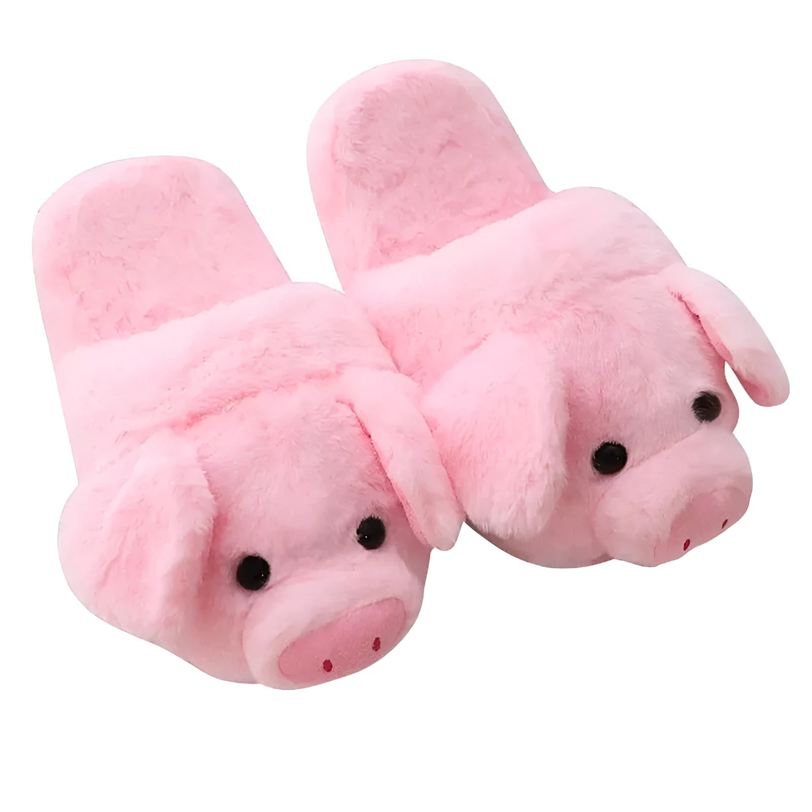 Pink pig-shaped plush floor slippers with soft filling on a plain background.