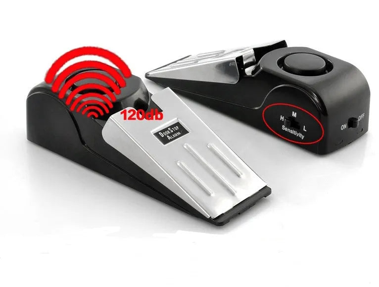Portable wedge-shaped door stop alarm with stainless steel cover and 120 dB siren for home and travel security