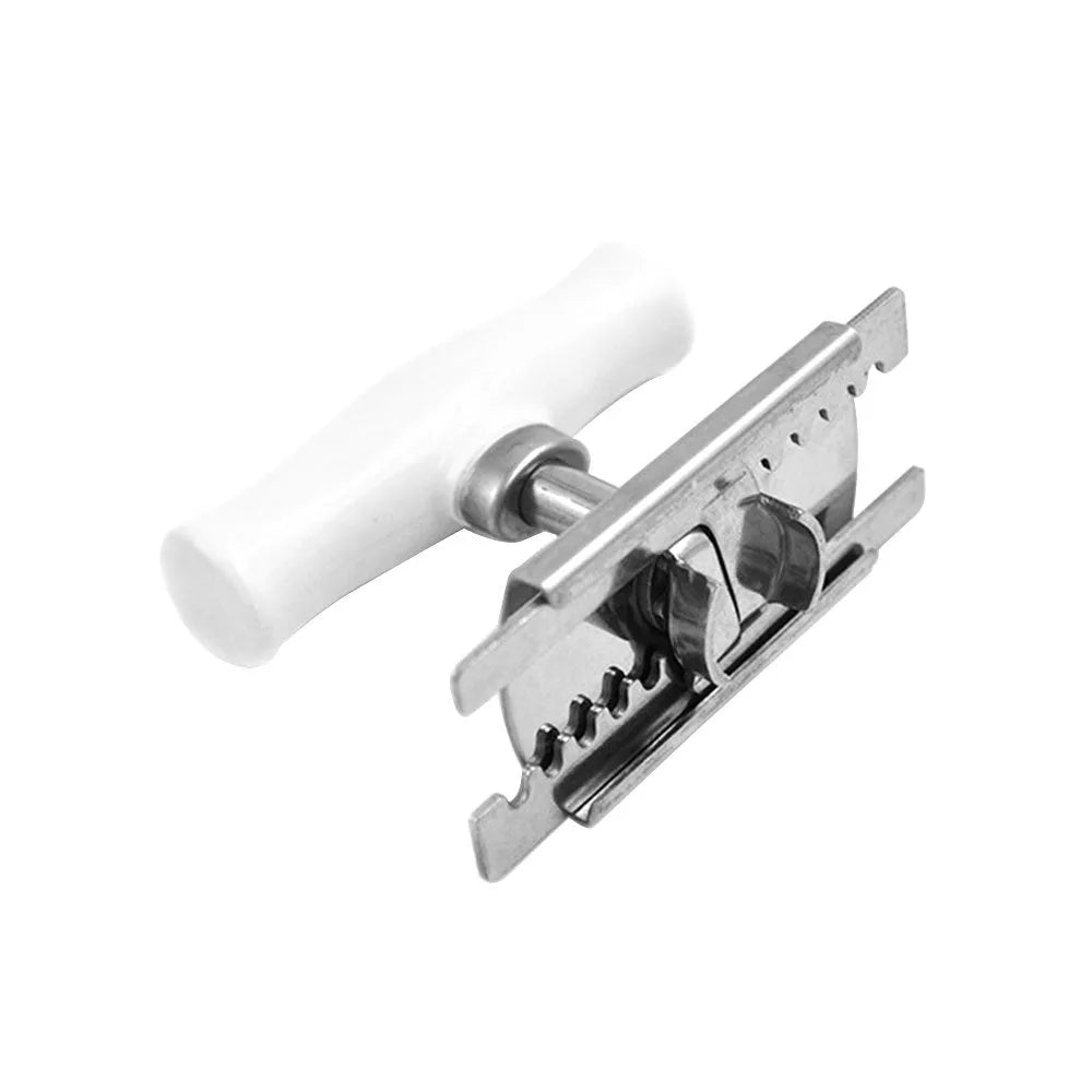 White adjustable stainless steel bottle cap opener with gear mechanism and textured handle.