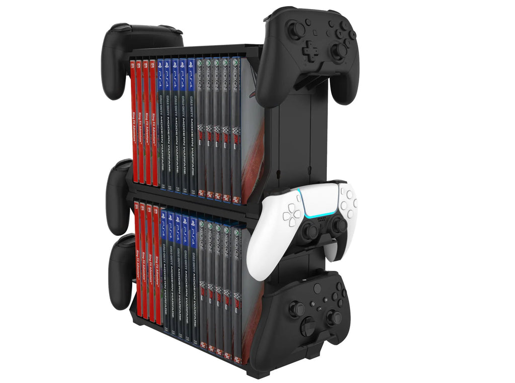 Black PS5 and Xbox Series X disc stand with slots for game cases and four controller handles.