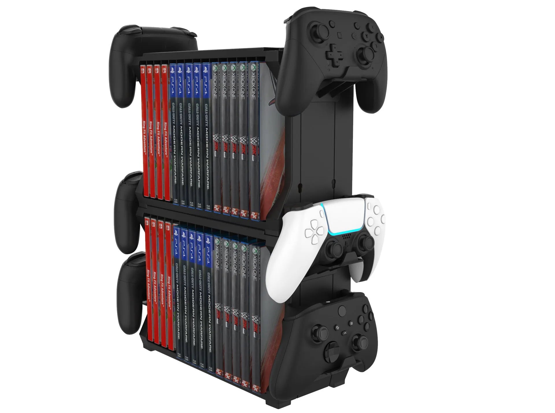 Black PS5 and Xbox Series X disc stand with slots for game cases and four controller handles.