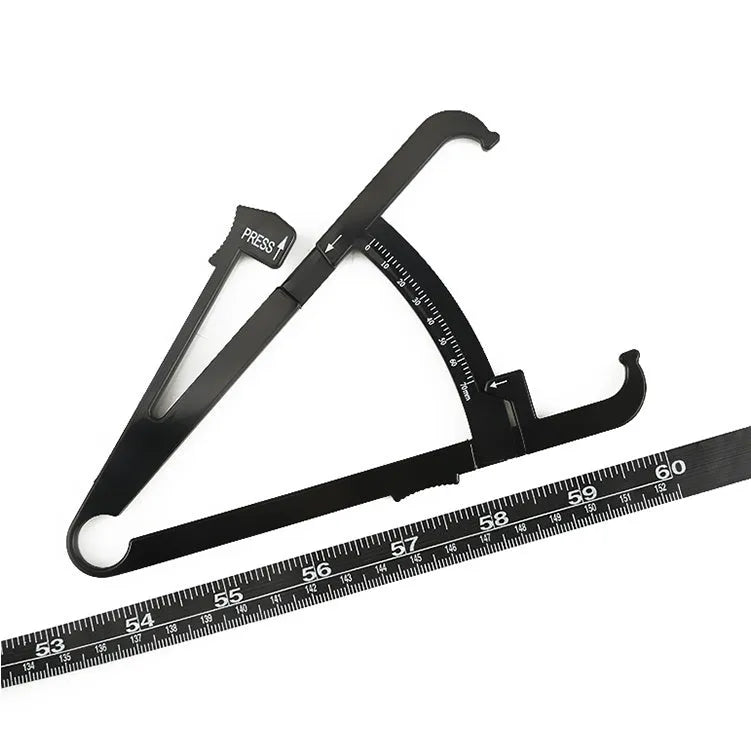 Black ABS body fat caliper measurement tool with digital display and cable