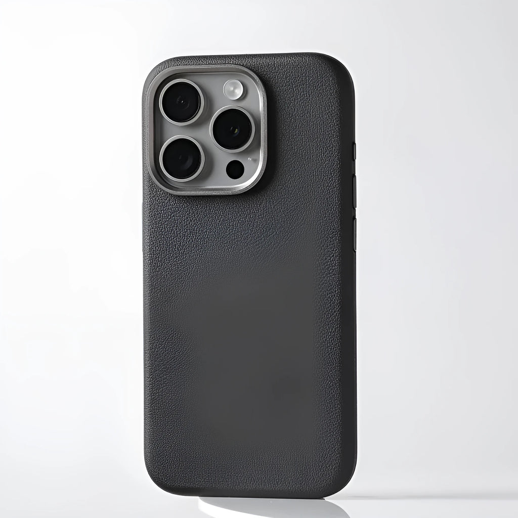 Genuine leather MagSafe compatible protective case for iPhone with metal camera lens guard.