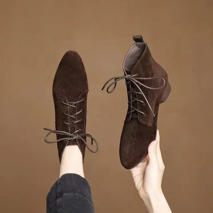 Women's matte brown pointed low-heel ankle boots with block heel and fleece lining