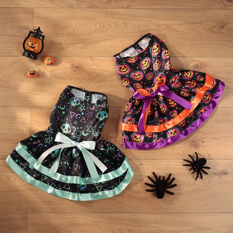 Halloween dog skirt with colourful pumpkin or skull print, double-layer design, size options S M L XL.