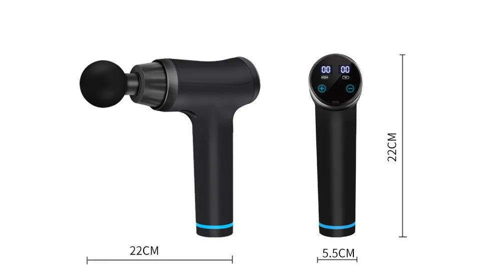 Black fascia gun physiotherapy instrument with 4 massage heads, 30 speed settings, compact 22cm design.