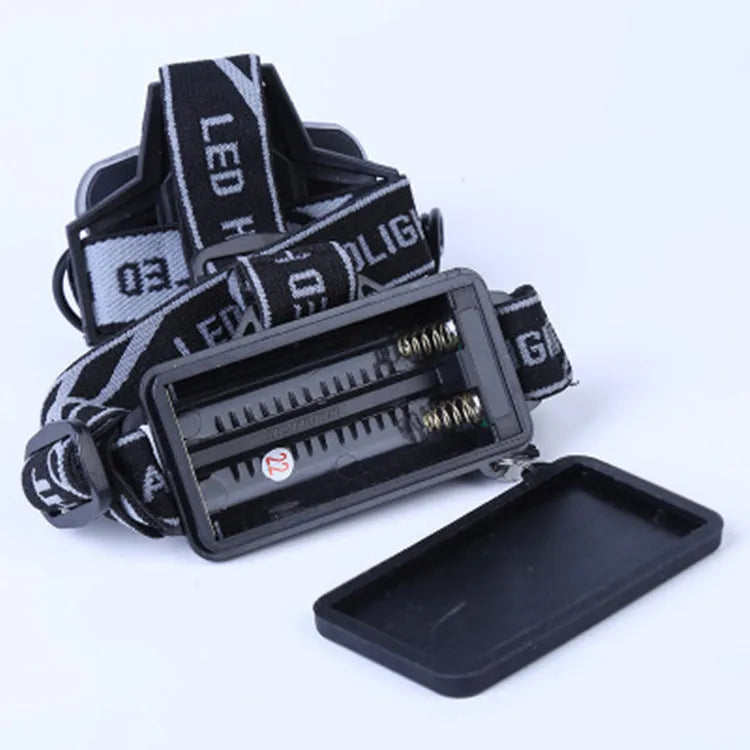 Head-mounted camping light with fixed focus beam showing waterproof construction and LED light source