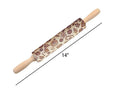 Wooden rolling pin with embossed Christmas patterns including reindeer and snowflakes on a 45cm length.