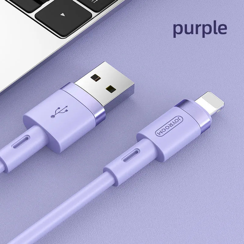 A straight-head USB Type-C charging cable shown in five colour options: black, purple, red, white, and yellow.