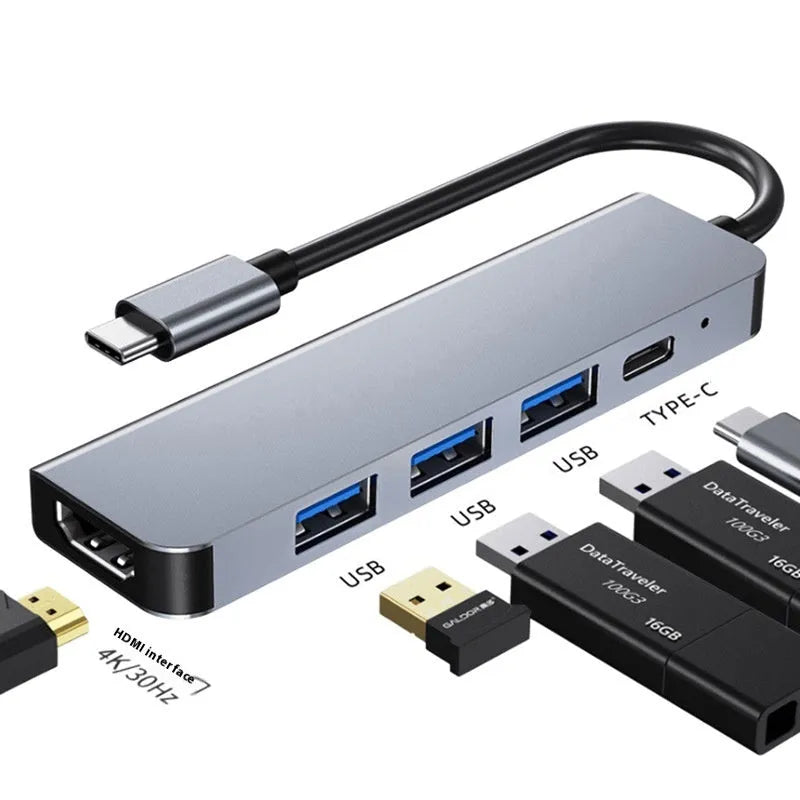 Type-C 7-in-1 expansion dock with HDMI port and USB 3.0 hub on a 15 cm cable.