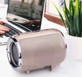 Portable Bluetooth subwoofer speaker in metal casing with USB and SD card slots for playback