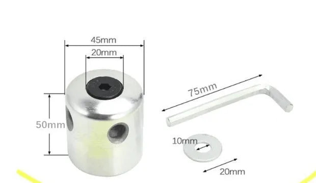Silver aluminium lawn mower grass replacement head with four light yellow square cords, a wrench, and a gasket.