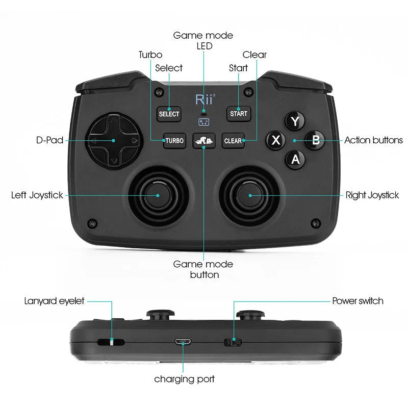 Wireless mini keyboard in black with USB receiver, compact ergonomic design for desktop use.