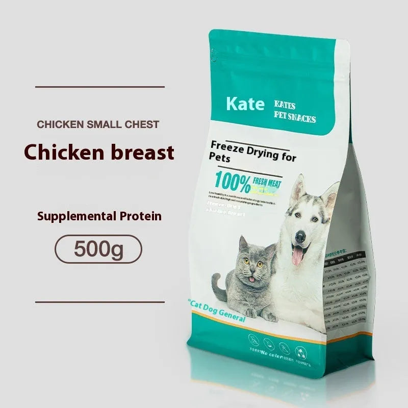 500g freeze-dried chicken cat snacks in resealable bag or barrel packaging