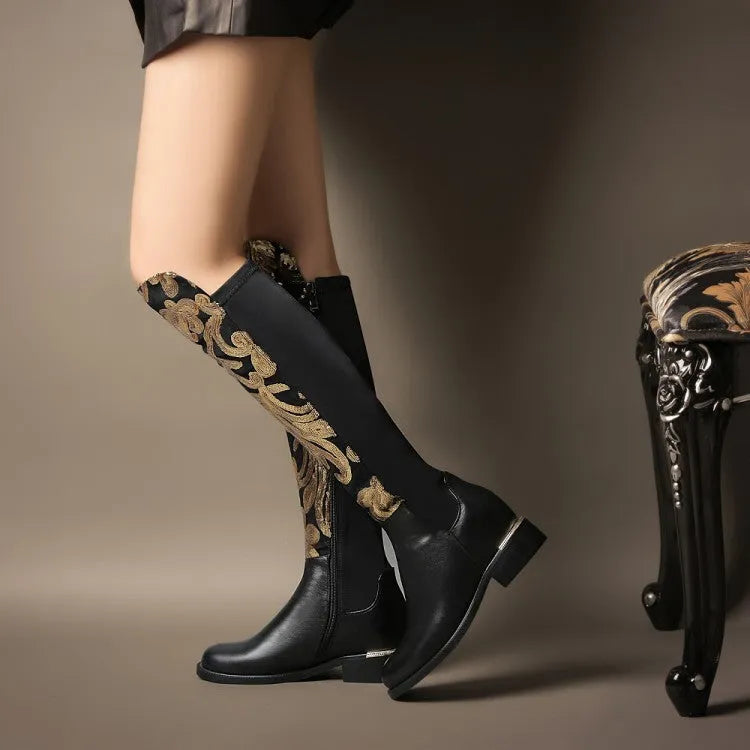 Women's black cowhide leather knight boots with round toe, thick heel, sequin detail, and high tube design