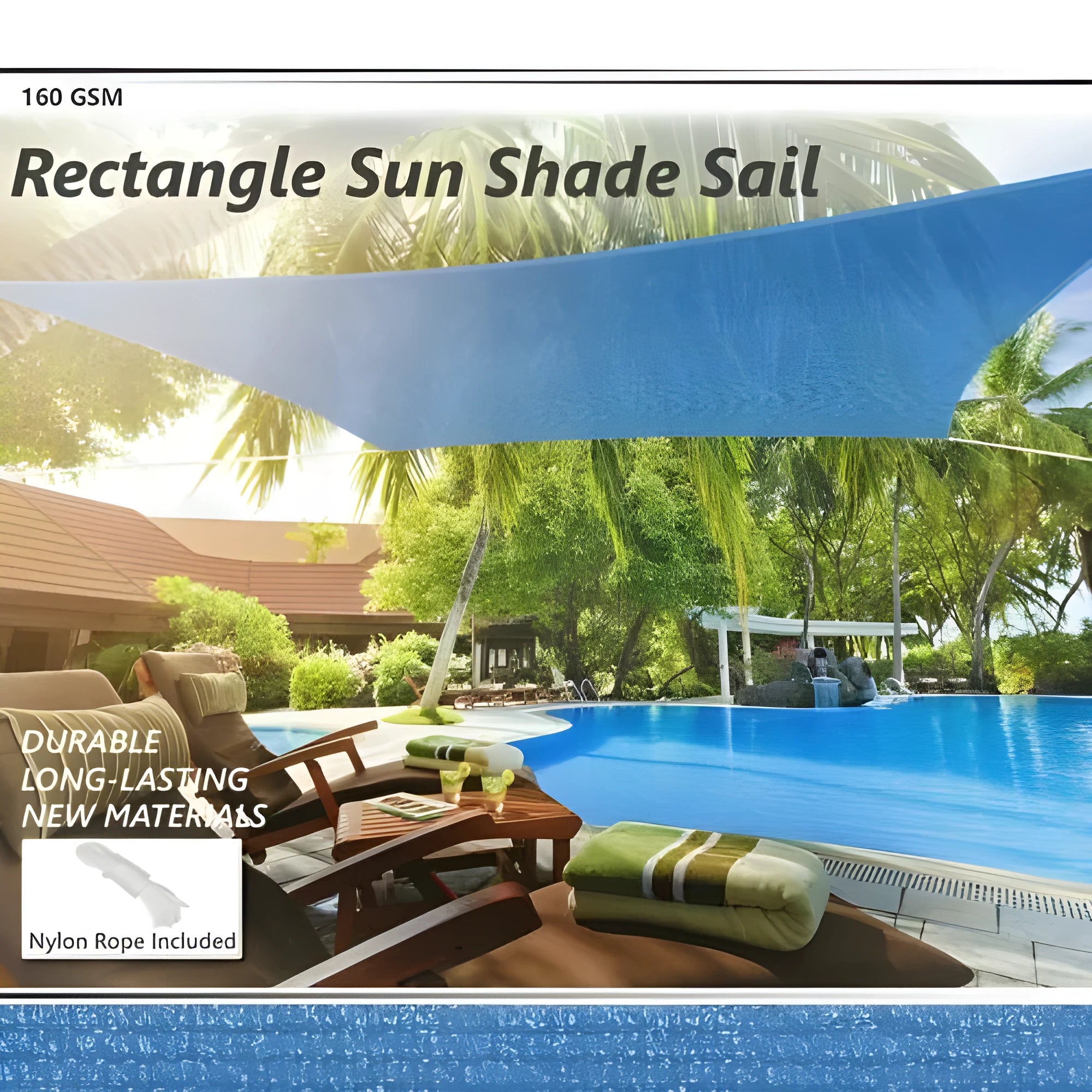 Rectangular blue shade sail measuring 3 by 4 metres providing outdoor UV protection