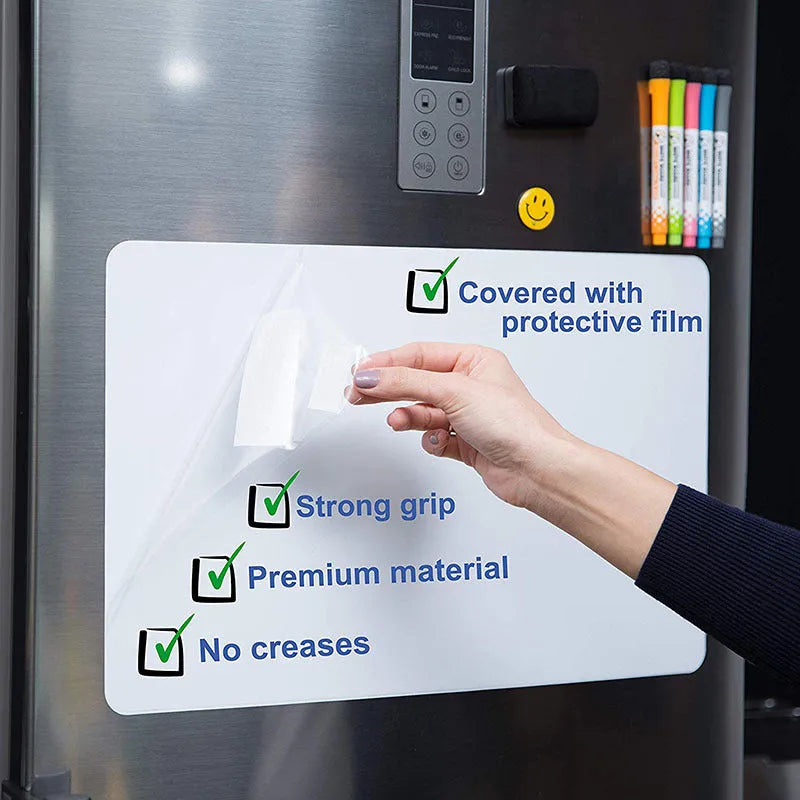 A3 flexible magnetic whiteboard with rounded corners on a refrigerator door
