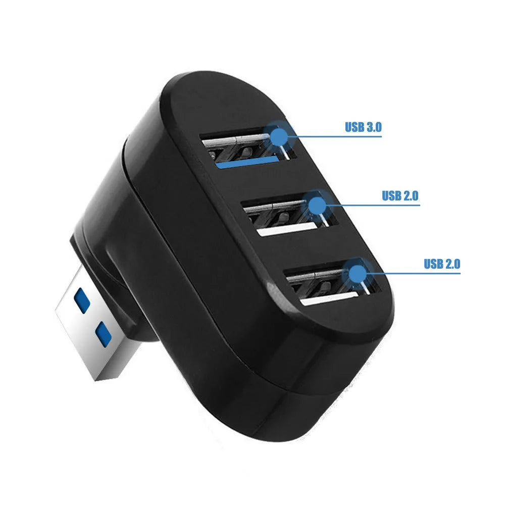 Black and white USB rotary splitter hub with four ports on a blister card.