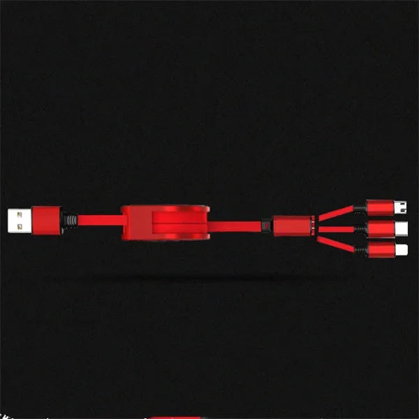 Black telescopic 3-in-1 charging cable extended to 1.2m with multiple connector types.