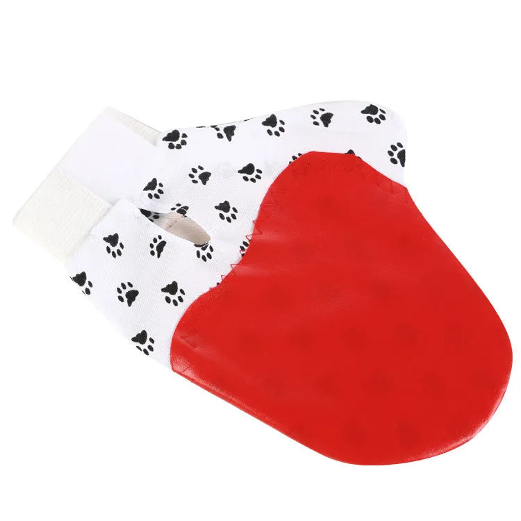 White silicone pet brush glove for deshedding cats and dogs, 25x17cm, with cloth backing