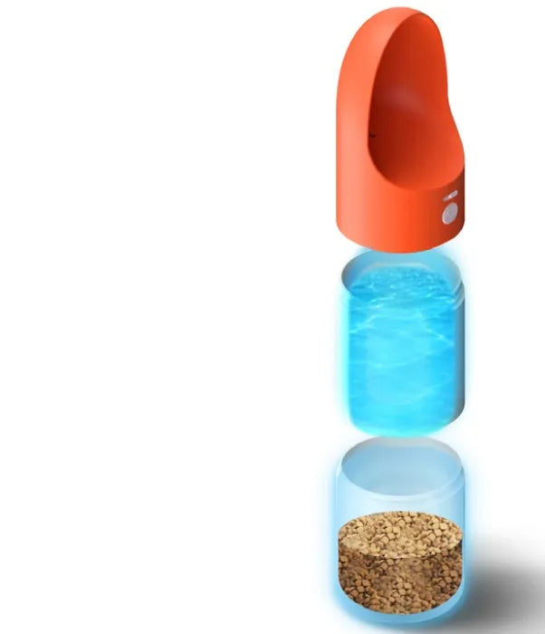 White MOESTAR rocket-shaped pet drinking cup with grey or orange accents showing one-button lock