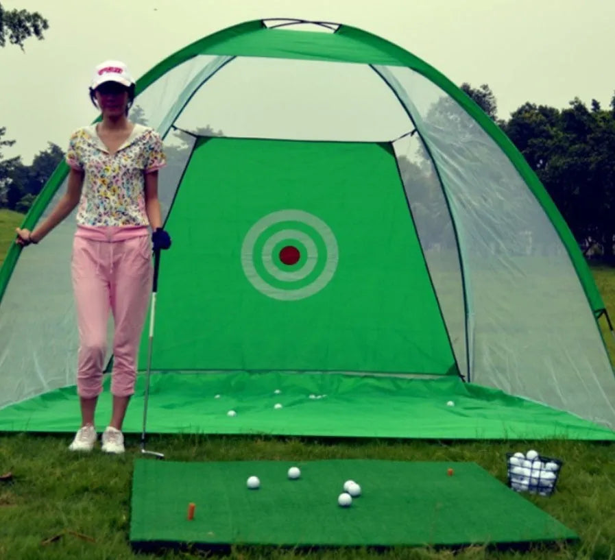 Golf practice net tent 2m fibreglass cage black and green front view with target sheet and ball collection floor
