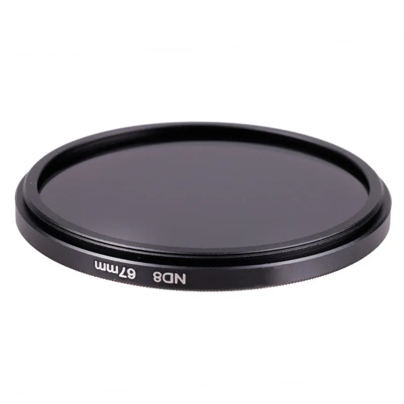 Digital camera ND8 filter in an aviation aluminium frame, shown with lens size markings.