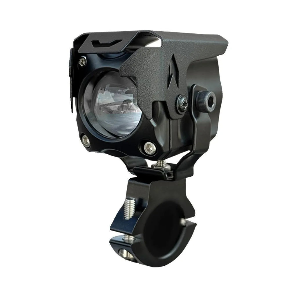 Motorcycle LED spotlight kit with integrated far and near beam lights, wiring, switches, and mounting brackets