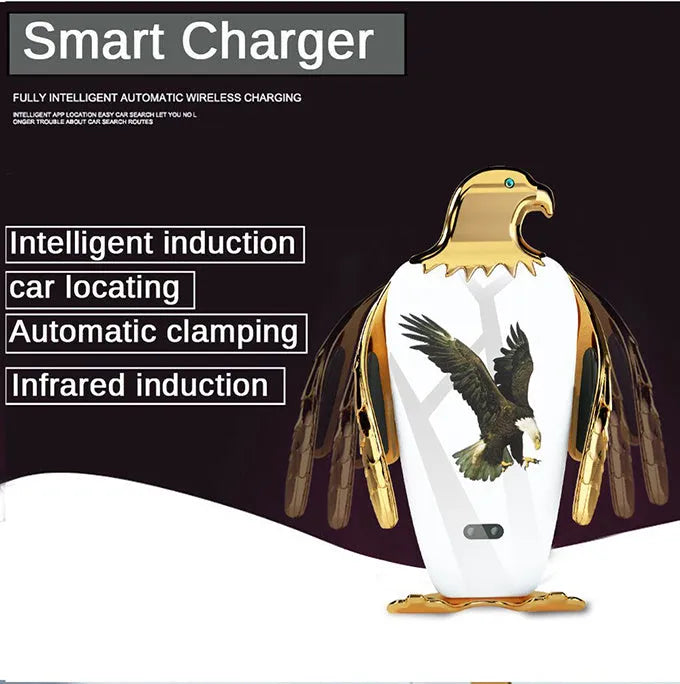 Eagle design car phone holder with wireless charging base in black and gold colour option