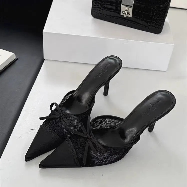 Women's light brown lace-up pointed toe high heels with a bowknot detail on the mesh upper.