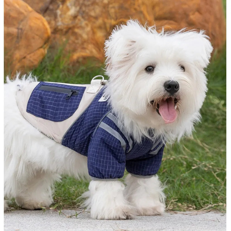 Khaki plaid and beige padded dog windbreaker with built-in leash ring and zipper pocket