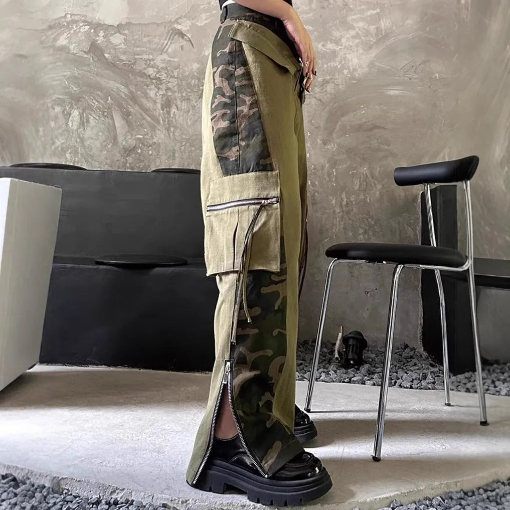 Women's dark khaki leopard print jeans with retro tooling style stitching and straight leg cut