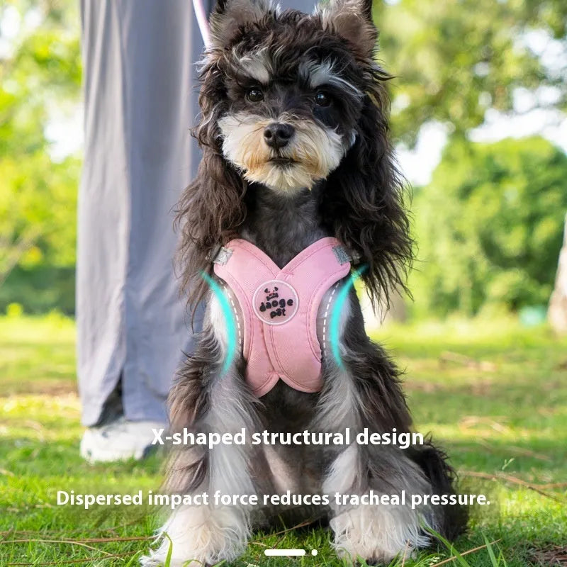 Polyester dog vest and matching hand holding leash in blue, green, pink, or yellow