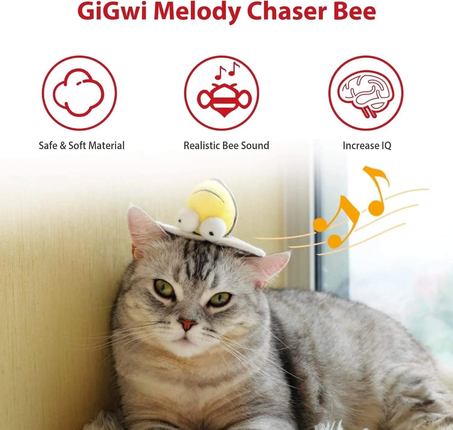 Yellow flannelette bee-shaped electronic cat toy with motion-activated chirping sound.