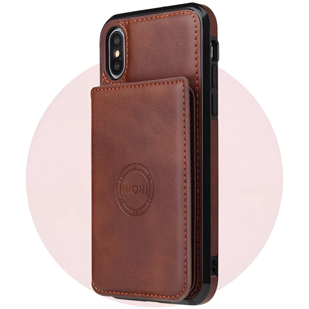 Imitation leather wallet phone case in various colours showing card slots, fitted on an iPhone.