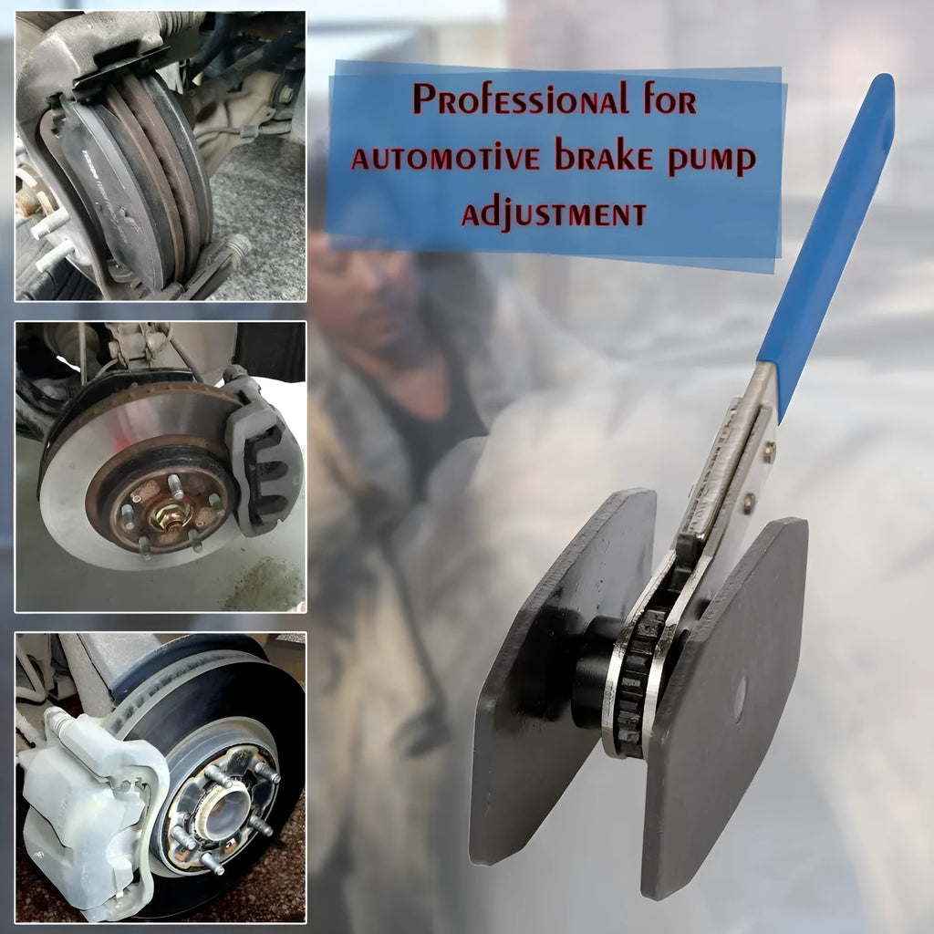Black stainless steel brake caliper press with ratchet mechanism on bench