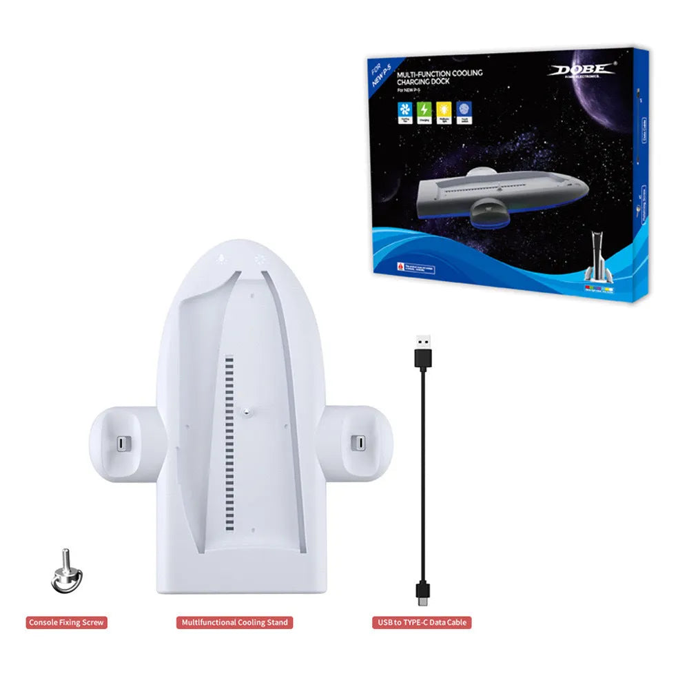 White PS5 cooling pad charger with RGB lighting and controller charging belt