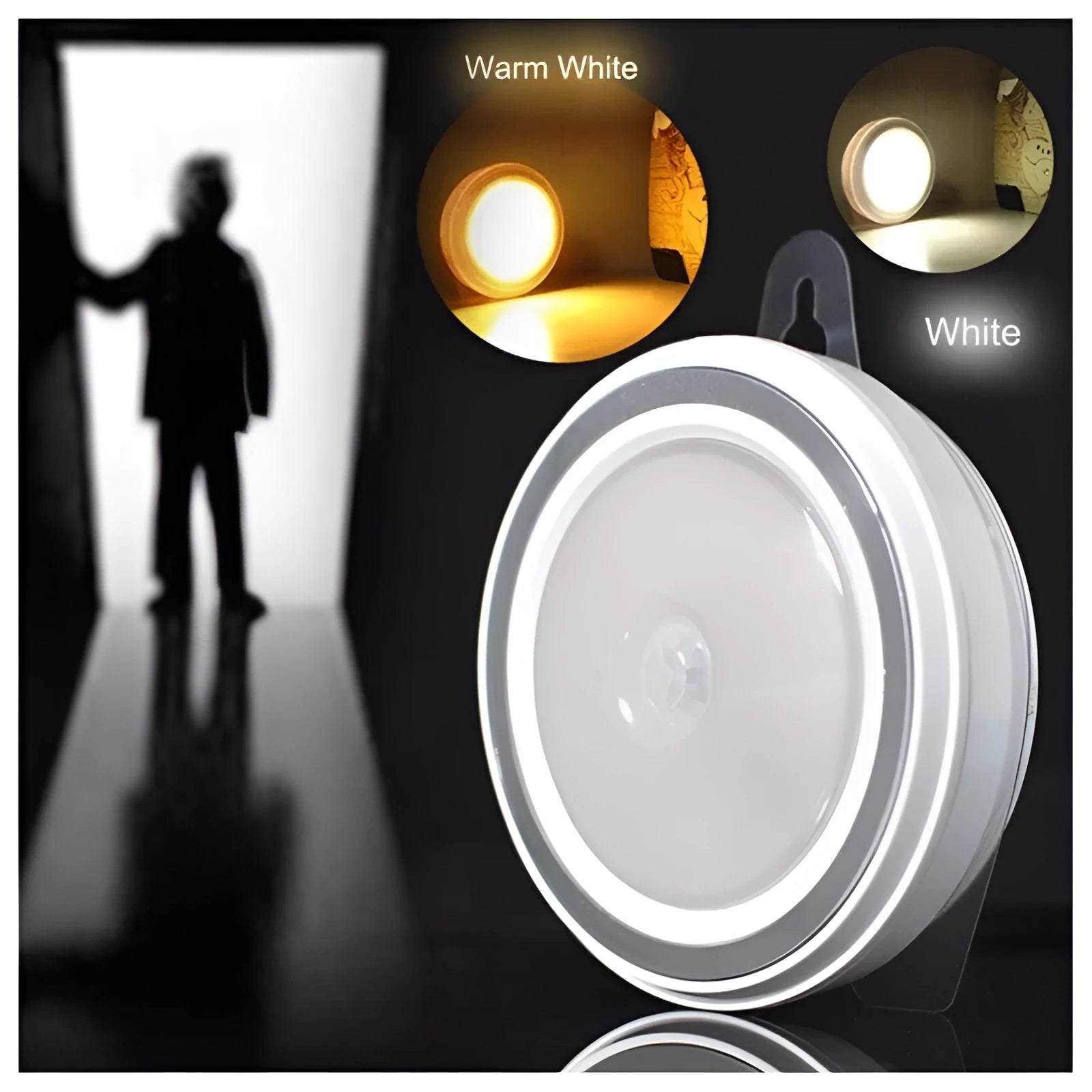 Circular smart LED motion sensor light unit with infrared sensor, 80mm in diameter.
