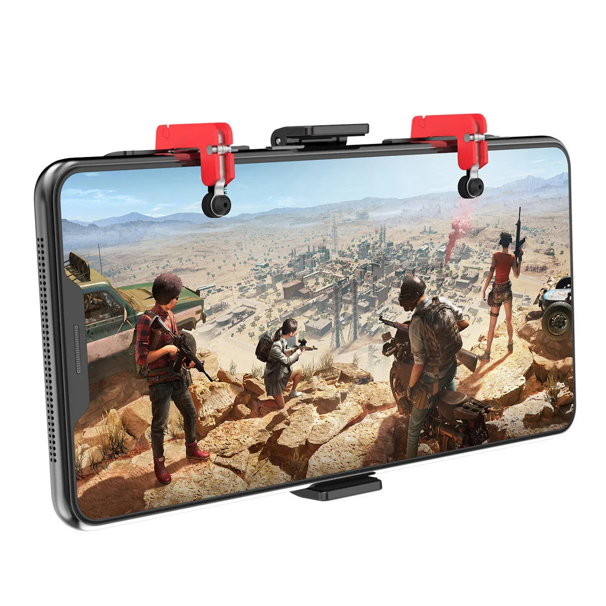 Black mobile phone gaming bracket with telescopic trigger controller for shooting games