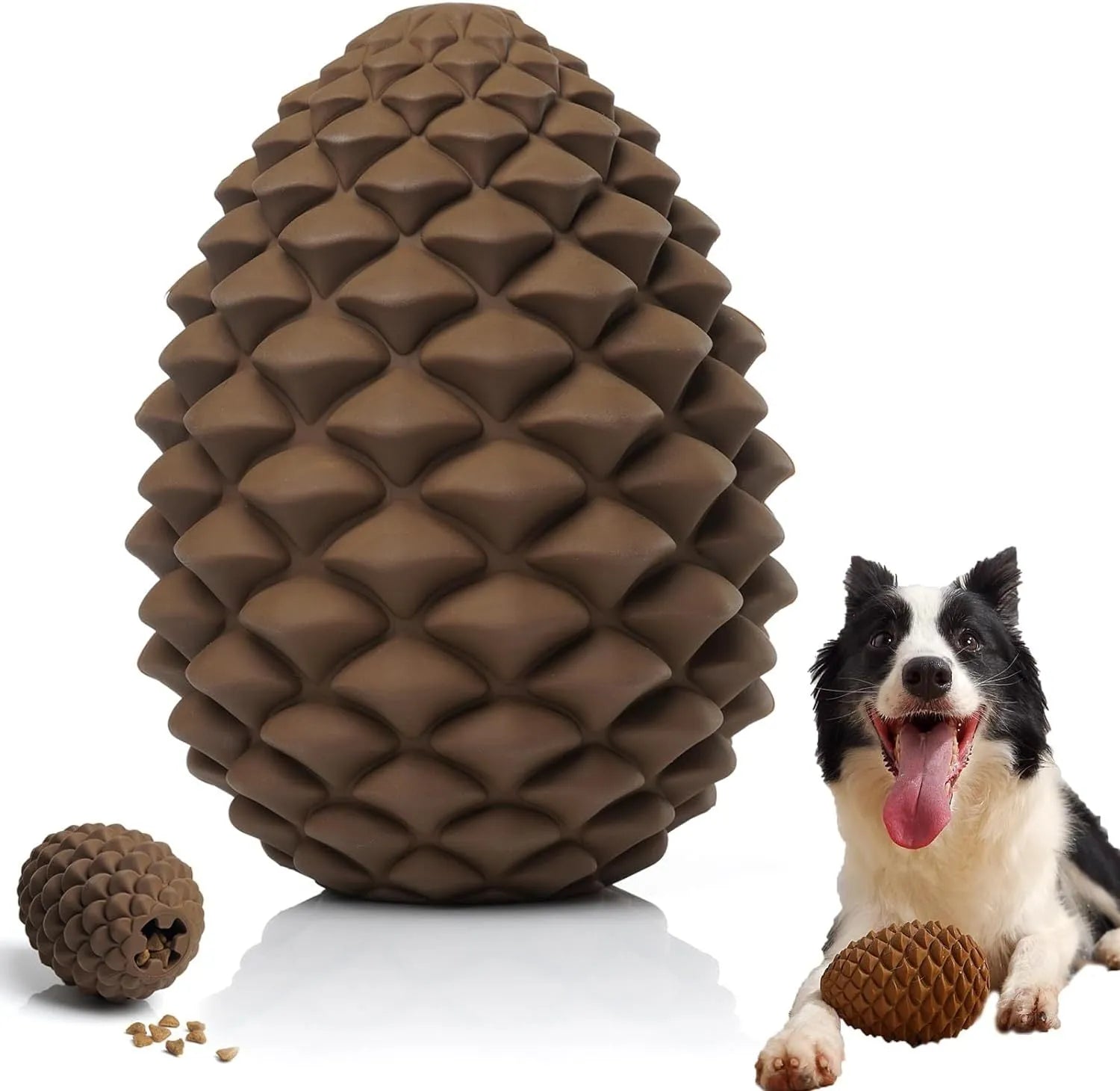 Yellow pine cone shaped natural rubber dog toy with treat dispenser for large dogs.